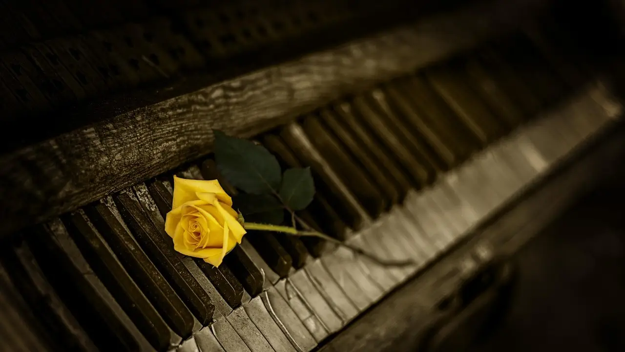 piano, rose, yellow rose, old piano, keyboard, organ, piano keys, black keys, white keys, vintage, rose flower, keys, melody, musical instrument