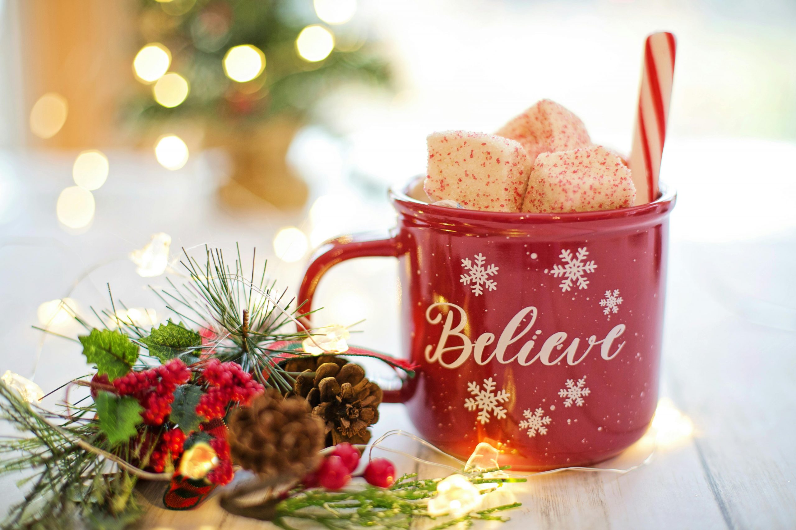 Red mug with marshmallows and candy cane, holiday decorations and lights.